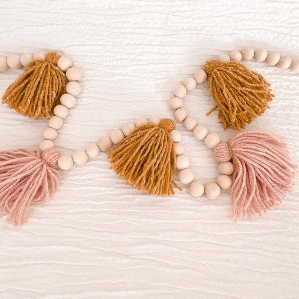 wood bead garland with tassels, natural wooden bead garland, tassel garland, neutral, wedding garland, party supplies