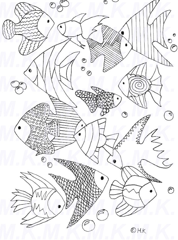 Ausmalbild Fischschwarm Meer Handgemalt Etsy