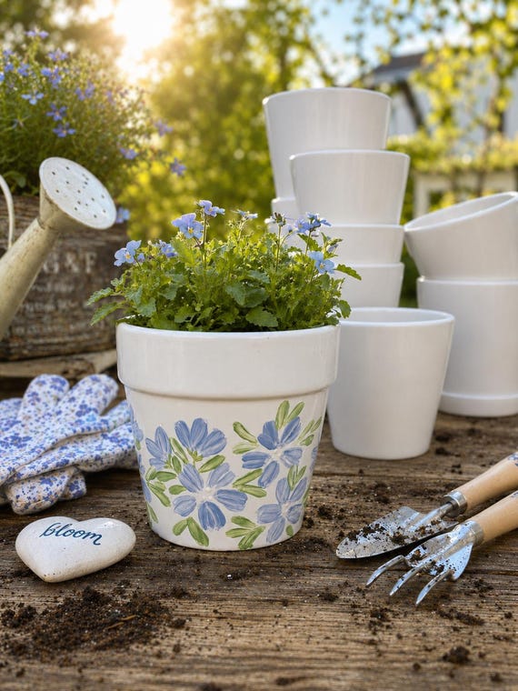 Handbemalt Blue floral weißer Keramik Blumentopf