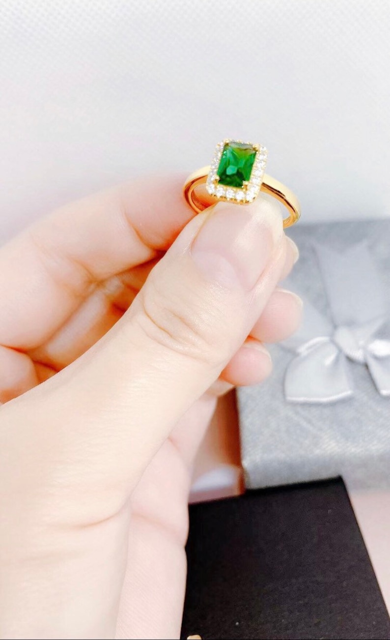 14k Gold Sterling Silver Emerald Cut Emerald Ring 6x8mm Emerald Birthstone Stacking Ring May Birthstone Ring Designer Silver Ring