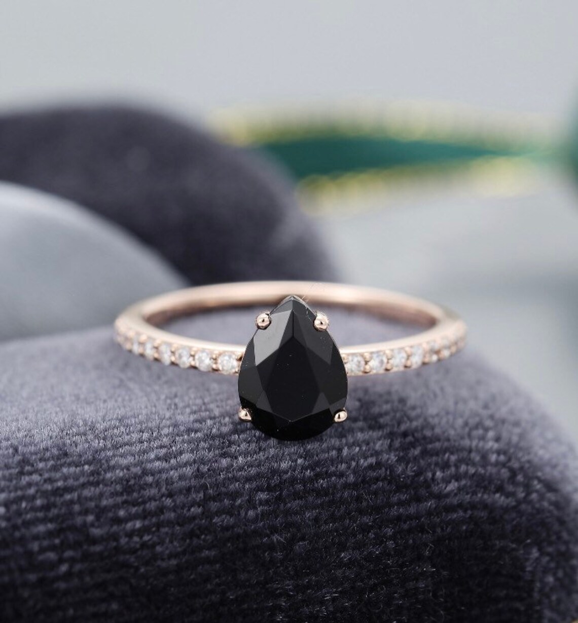 Pear shaped Black Onyx engagement ring Vintage diamond ring | Etsy