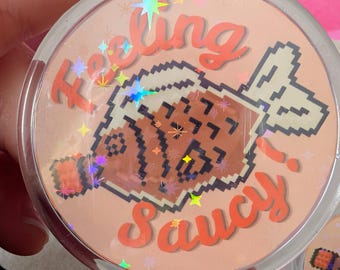 Feeling saucy soy fish sparkly pin badge