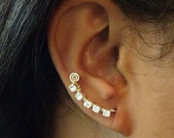 White Crystal Earrings / Cup Chain Earrings / Silver Ear Climbers / Ear Crawlers / Silver Earrings / Ear Sweeps / Rhinestone Earrings
