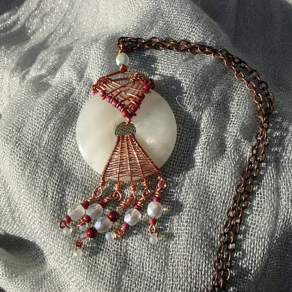 Copper and Marble Pendant Necklace // Marble Necklace // White and Red Necklace // Red and White Necklace // Matinee Length Necklace