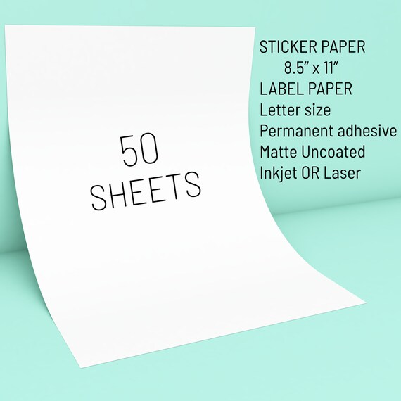 50 sheets of Matte Sticker Paper. Letter Size 8.5 x 11 inch full sheet premium material. No slits. Inkjet and Laser Printer. Uncoated matte.