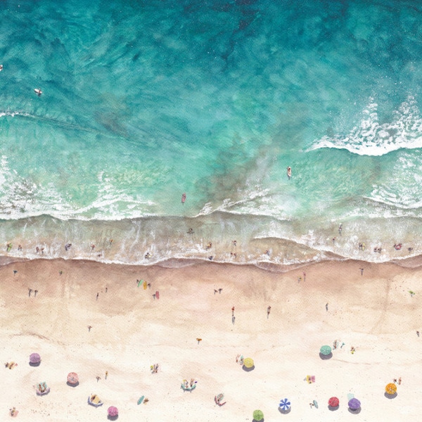 Art print, watercolour beach, aerial perspective