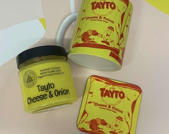 Tayto Cheese & Onion Crisps Candle, Mug and Coaster Gift Set // Northern Ireland, Belfast Candle, Tayto Castle Tandragee, New Home Gift
