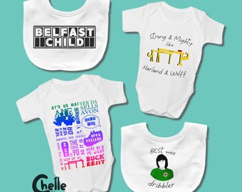 Belfast Baby Grows & Bibs Set // Northern Ireland, George Best, Harland and Wolff, Northern Irish Slang