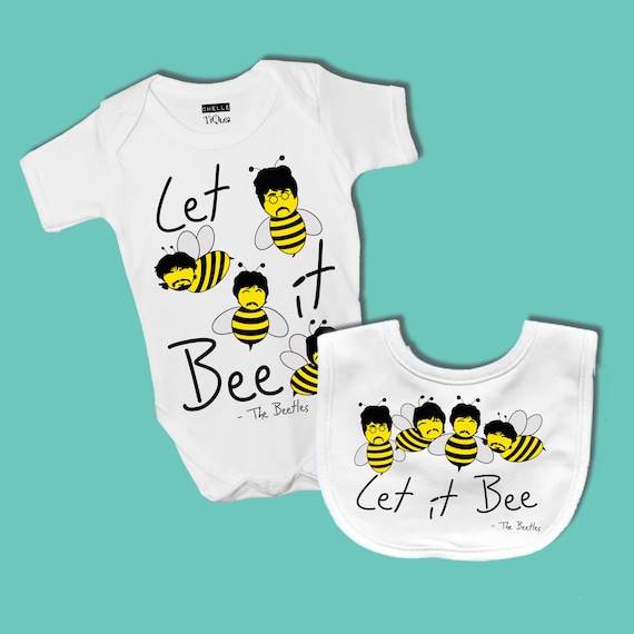 Let it BEE Baby Grow Bib SET The Beatles Fab Four Liverpool British Pop RocknRoll Baby Gift New Born Baby Shower