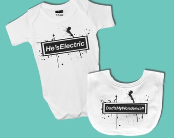 Oasis Dad's My Wonderwall, He's Electric Baby Grow & Bib Set // Father's Day, Gifts for New Dad, 90's Nostalgia, Manchester Rock n Roll Star