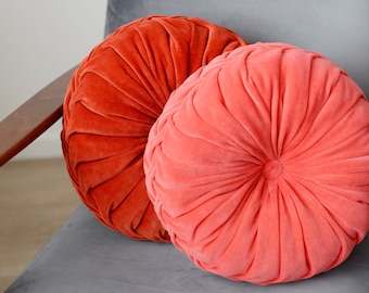Red Velvet Pillow Set Artdeco, Boho Style Cushion Set, Round Pillow Housewarming Gift