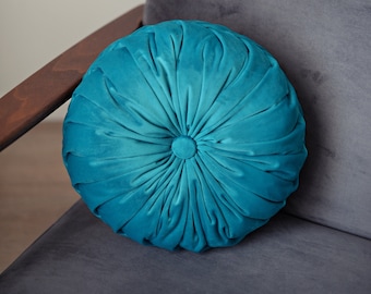 Handmade Turquoise Velvet Round Pillow: Home Decor