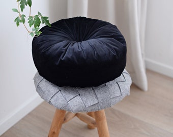 Handmade Black Velvet Circle Pillow: Pintuck Decorative Pillow