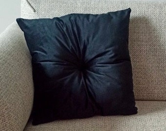 Black Euro Sham Pillow with Button, Meditation Cushion, Throw Velvet Pillow, Square Black Cushion, Christmas Gift for Her