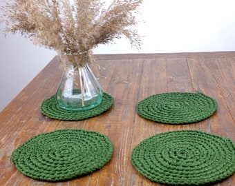 Emerald Green Rope Coasters, Pine Green Table Coasters, Green Crochet Coasters, Crochet Coaster, Crochet Coaster Set, Christmas table decor