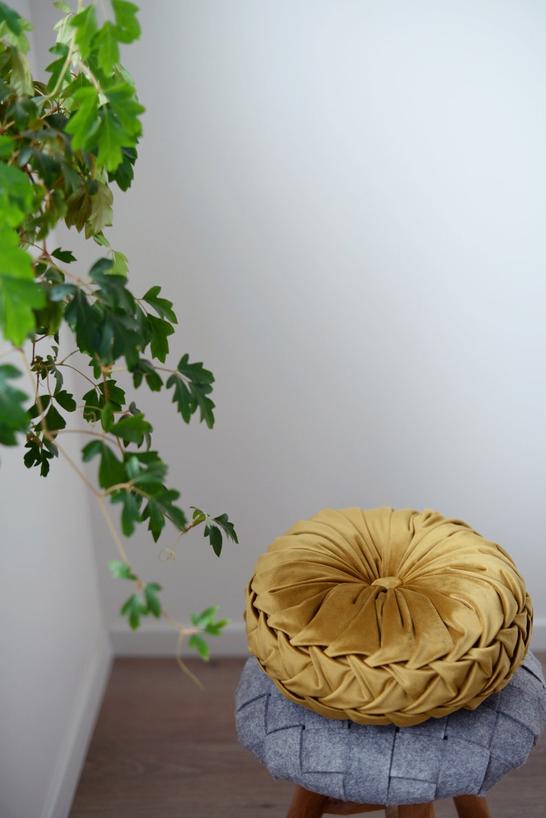 Mustard Round Pillow Yellow Velvet Pillow Round Pintuck Etsy