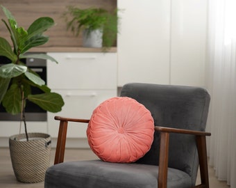 Coral Round Cushion for Classic Interior, Salmon Pink Velour Circle Cushion, Pintuck Round Cushion, Throw Bedroom Cushion for Her