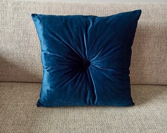 Blue Euro Sham Pillow with Button, Meditation Cushion, Throw Velvet Pillow, Square Blue Cushion, Christmas Gift for Mom, Girlfriend or BFF