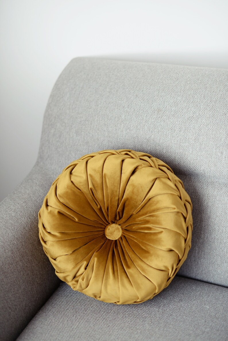 Mustard Round Pillow Yellow Velvet Pillow Round Pintuck Etsy