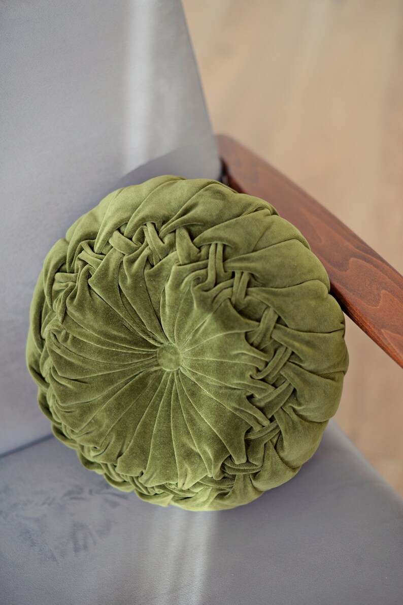 Moss Green Pillow Round Velvet Pillow Round Pintuck Pillow Etsy