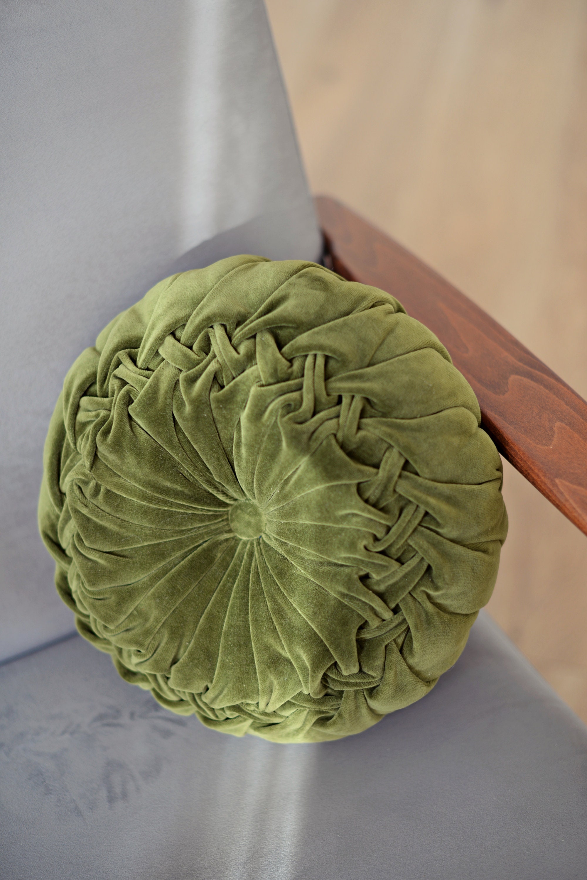 Olive green round pillow Green velvet circle pillow Green Etsy