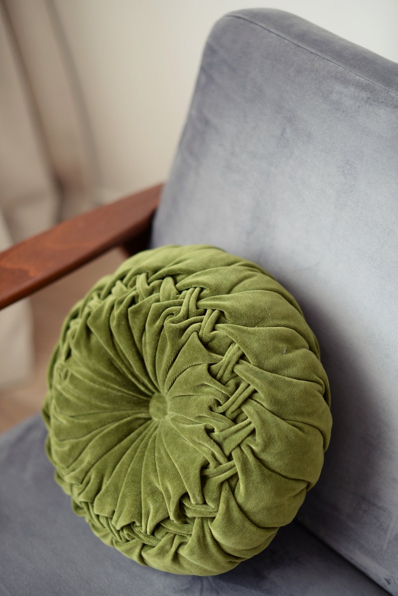 Moss Green Pillow Round Velvet Pillow Round Pintuck Pillow Etsy