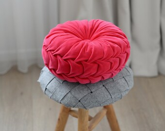Hot Red Round Velvet Pillow, Magenta Round Velour Cushion, Interior Gift for Her Housewarming and Inspiration
