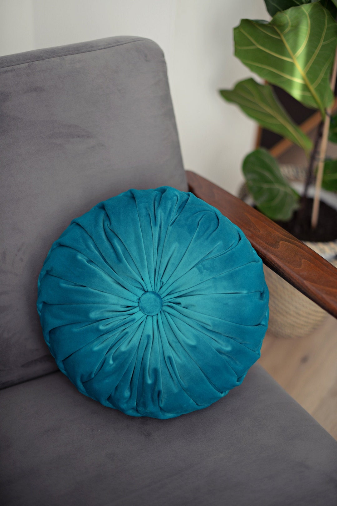 Turquoise Throw Pillow for Living Room Decor, Sky Blue Round Velvet