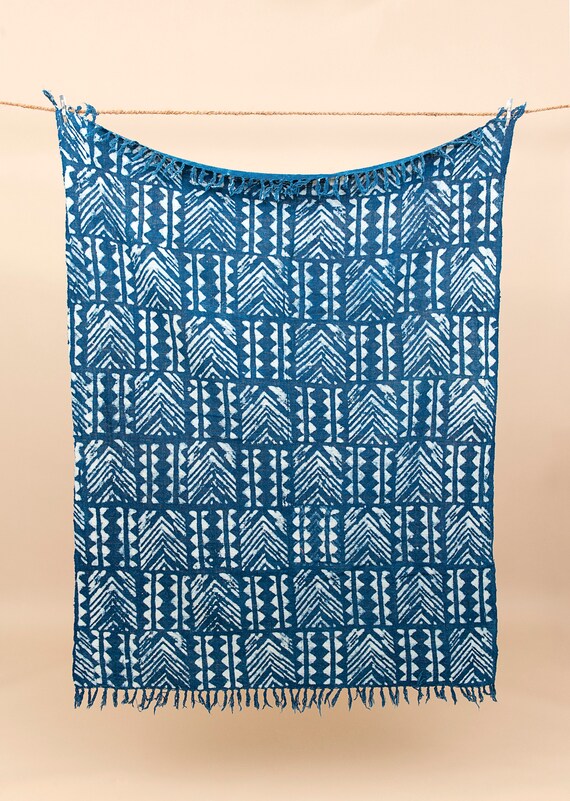 African Mudcloth Inspired Indigo 100 Cotton Throw Blanket Etsy