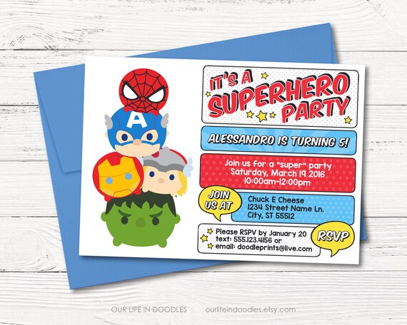 Avengers Invitation, Avenger Tsum Tsums Super Heroes Invitation, Heroes Birthday Party, Boy Invitation, SpiderMan, Printable Digital Invite Il_570xn