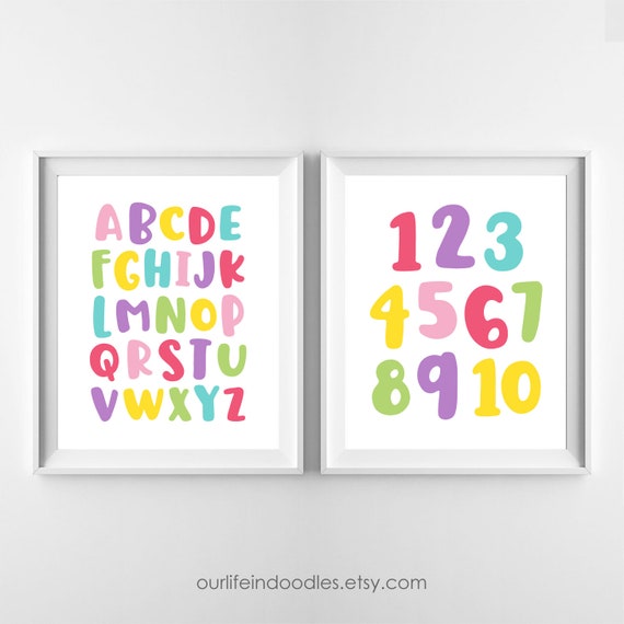 Alphabet & Numbers Art Prints, Set of Two Prints, ABC 123 Nursery Kids Room Decor, Rainbow Girl Wall Art, Digital Printable Instant Download Il_570xn