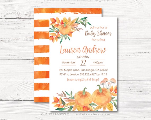Pumpkin Baby Shower Invitation, Fall Baby Shower, Greenery Pumpkins Orange Watercolor, Fall Forest Birthday Party, Digital Printable Invite Il_570xn