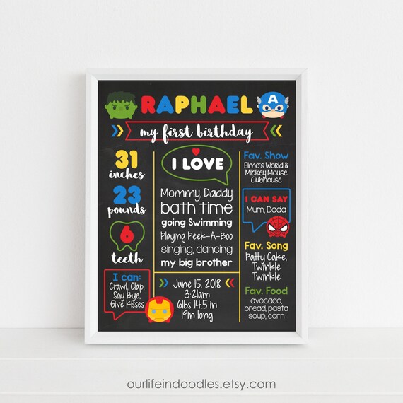 Avengers Birthday Party, Super Heroes First Birthday Chalkboard, 1st Birthday Chalk Board Sign, Tsum Tsum Avengers Poster, Printable Digital Il_570xn