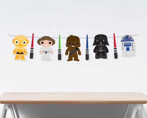 Star Wars Party Decorations, Far Away Galaxy Birthday Party, Droids Vader Leia Luke Chewy Banner Garland, Cake Topper, Instant Download Il_570xn