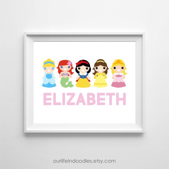Princess Art Print, Disney Princesses Wall Art Decor, Cinderella Belle Ariel, Personalized Playroom Baby Girl Nursery Digital Printable Il_570xn