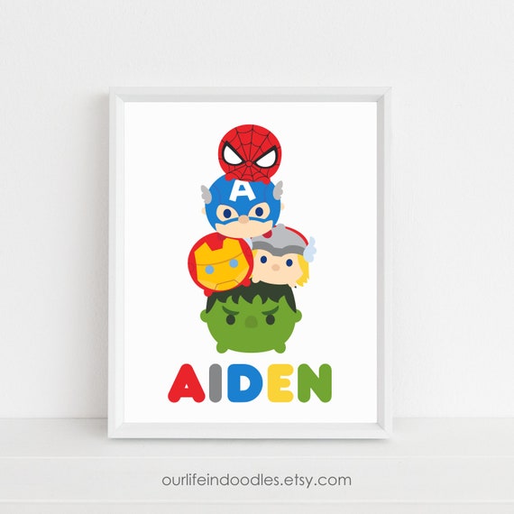 Tsum Tsum Art Print, Disney Tsum Tsums, Avengers Super Heroes Personalized, Playroom Kids Nursery Room Decor, Wall Art, Digital Printable Il_570xn