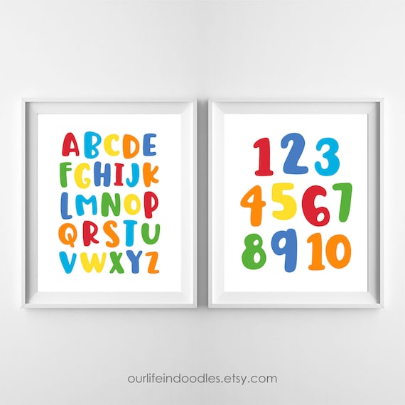 Alphabet & Numbers Art Prints, Set of Two Prints, ABC 123 Nursery Kids Room Decor, Rainbow Wall Art, Digital Printable Instant Download Il_570xn