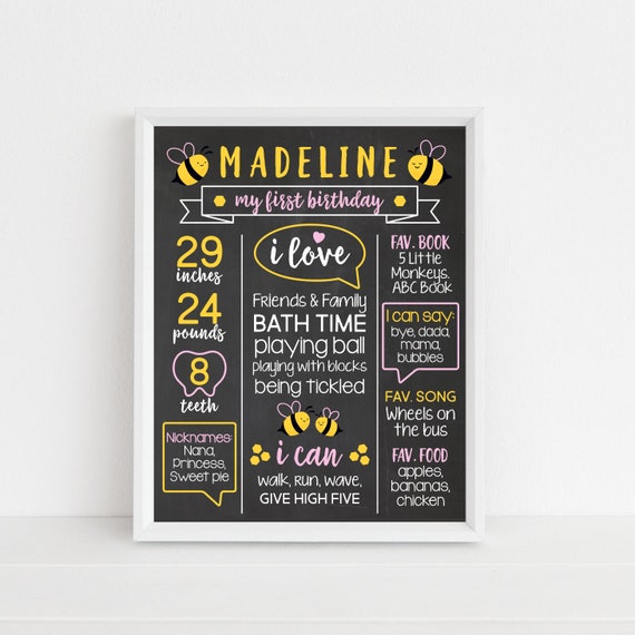 Girl 1st First Birthday Chalkboard Sign Poster Monkey Birthday