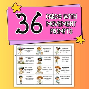 May include: A set of 36 cards with movement prompts, featuring illustrations of children performing various actions. The cards are designed with a pink and yellow color scheme, and the text on the cards includes instructions for each movement.