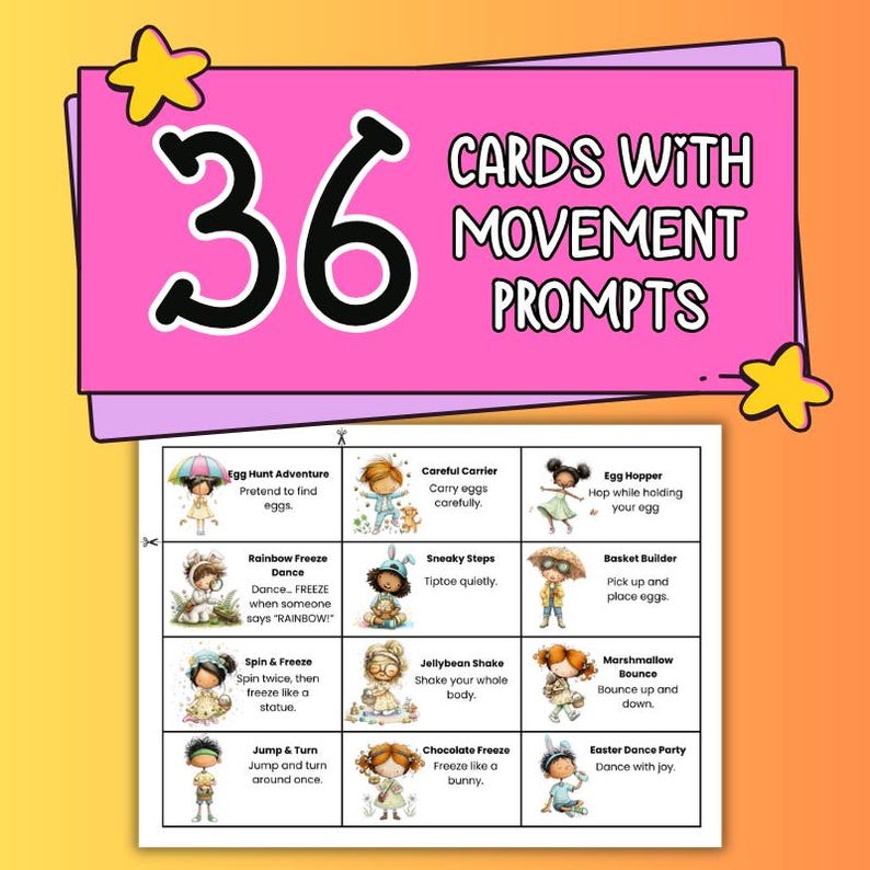 May include: A set of 36 cards with movement prompts, featuring illustrations of children performing various actions. The cards are designed with a pink and yellow color scheme, and the text on the cards includes instructions for each movement.