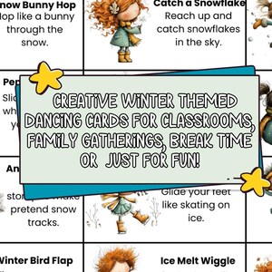 K&ouml;nnte beinhalten: Eine Sammlung von Winter-Tanzkarten mit Illustrationen von Kindern und Winteraktivit&auml;ten. Die Karten sind f&uuml;r Klassenzimmer, Familientreffen oder zum Spa&szlig; gedacht. Der Text auf den Karten enth&auml;lt S&auml;tze wie "Fang eine Schneeflocke" und "Gleite mit deinen F&uuml;&szlig;en wie beim Schlittschuhlaufen".