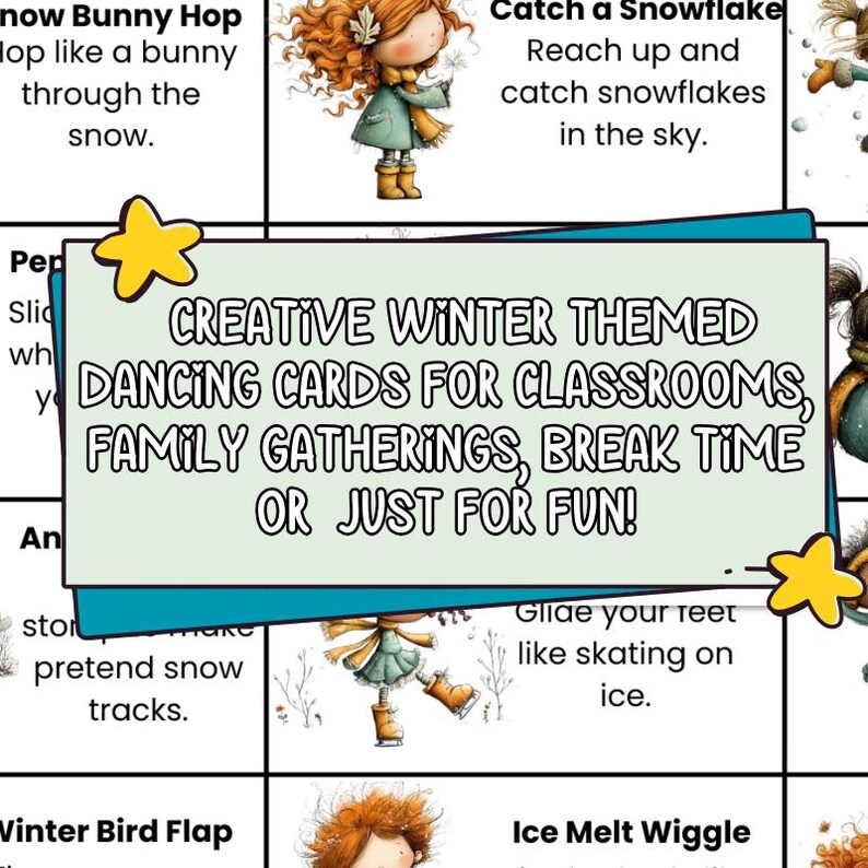 K&ouml;nnte beinhalten: Eine Sammlung von Winter-Tanzkarten mit Illustrationen von Kindern und Winteraktivit&auml;ten. Die Karten sind f&uuml;r Klassenzimmer, Familientreffen oder zum Spa&szlig; gedacht. Der Text auf den Karten enth&auml;lt S&auml;tze wie "Fang eine Schneeflocke" und "Gleite mit deinen F&uuml;&szlig;en wie beim Schlittschuhlaufen".