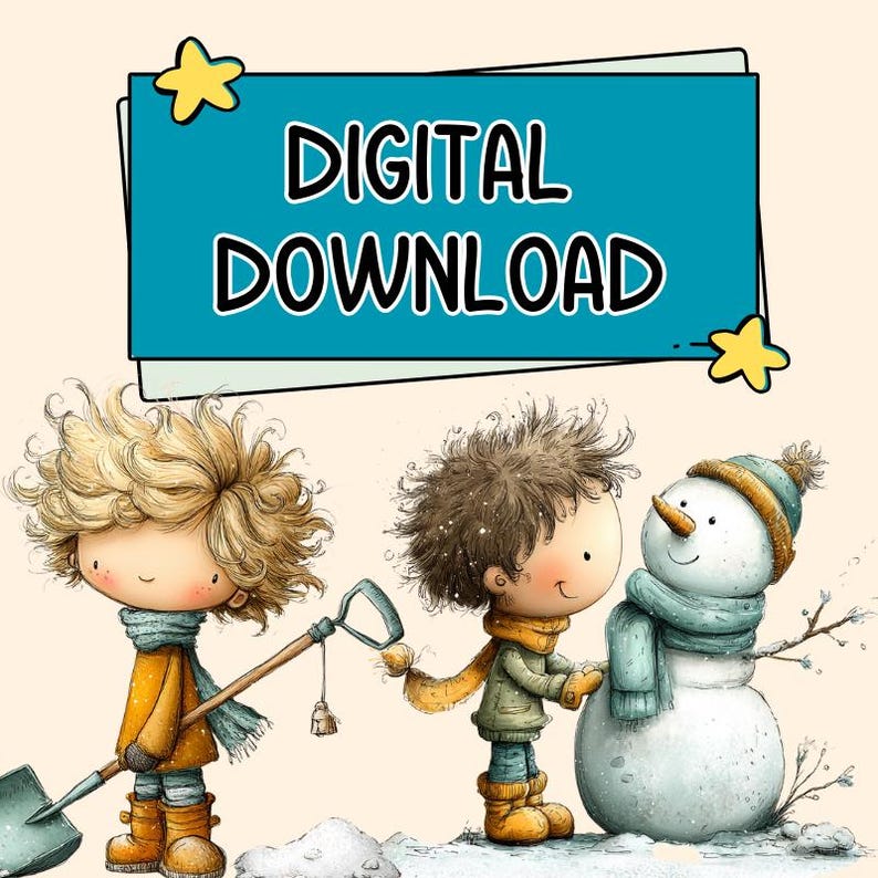 K&ouml;nnte beinhalten: Digitaler Download-Grafik mit zwei Kindern, die einen Schneemann bauen. Ein Kind h&auml;lt eine Schaufel, das andere hilft beim Bau des Schneemanns. Der Schneemann tr&auml;gt einen Hut und einen Schal. Das Bild hat einen Text "DIGITAL DOWNLOAD".