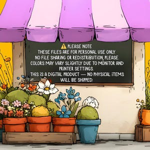 May include: An illustrated scene of a flower shop with a purple awning. A chalkboard sign displays a notice about digital products. Colorful potted plants, including orange, blue, and green pots, are arranged on a wooden shelf, creating a vibrant display.