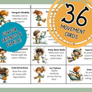 K&ouml;nnte beinhalten: Ein Satz von 36 Bewegungskarten mit Illustrationen und Anweisungen f&uuml;r verschiedene Aktivit&auml;ten. Die Karten zeigen farbenfrohe Zeichnungen von Kindern, die Aktionen wie Watscheln wie ein Pinguin und Gehen wie ein Eisb&auml;r ausf&uuml;hren. Der Text auf den Karten lautet "Fun for Friends & Family!"
