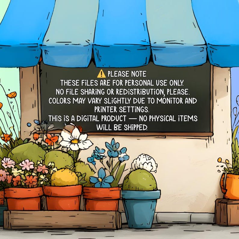 K&ouml;nnte beinhalten: Illustration eines Blumenladens mit blauem Vordach. Eine Tafel zeigt Text zu digitalen Produkten und zur pers&ouml;nlichen Nutzung. Verschiedene Topfpflanzen mit bunten Blumen sind auf einem Holzregal angeordnet.