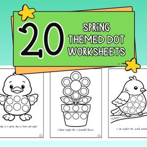 May include: A collection of 20 spring-themed dot worksheets. The green banner displays the title with a large "2.0" and star accents. The worksheets feature outline drawings of a duck, flower, and bird, each with dot circles.