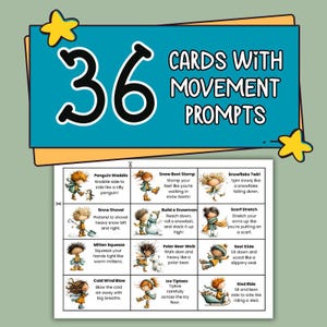 K&ouml;nnte beinhalten: Ein Set von 36 Karten mit Bewegungsaufforderungen, mit Illustrationen von winterlichen Aktivit&auml;ten. Die Karten werden auf einem t&uuml;rkisblauen Hintergrund mit dem Text "CARDS WITH MOVEMENT PROMPTS" angezeigt. Enth&auml;lt Aufforderungen wie "Penguin Waddle".