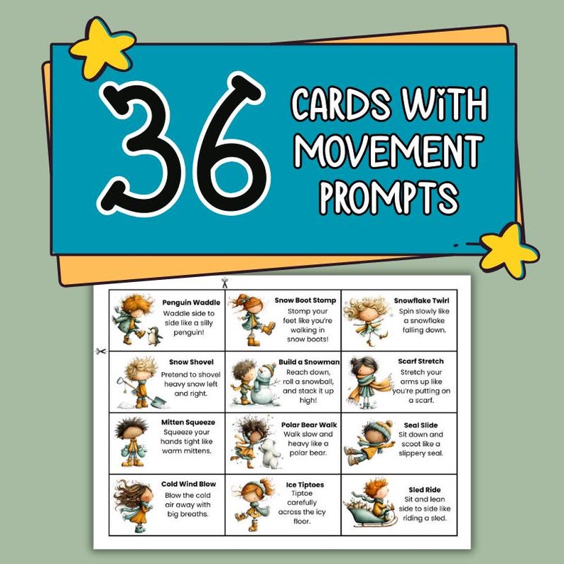 K&ouml;nnte beinhalten: Ein Set von 36 Karten mit Bewegungsaufforderungen, mit Illustrationen von winterlichen Aktivit&auml;ten. Die Karten werden auf einem t&uuml;rkisblauen Hintergrund mit dem Text "CARDS WITH MOVEMENT PROMPTS" angezeigt. Enth&auml;lt Aufforderungen wie "Penguin Waddle".