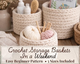 Crochet Basket Pattern with Wooden Base PDF, Beginner Crochet Basket Set, Storage Basket Pattern, DIY Home Decor, Easy Crochet Basket